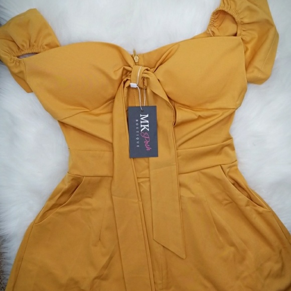 Off Shoulder Front Tie Romper Mustard - Picture 4 of 5